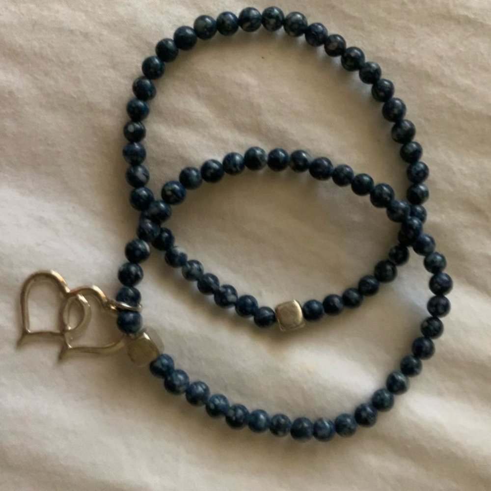 Denim Blue Beads with Silver Double Heart Charm Bracelets